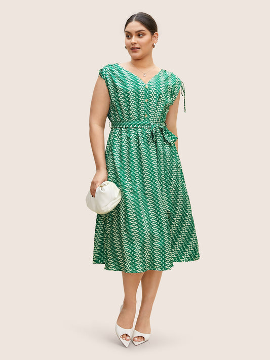 Geometric Drawstring Cap Sleeve Midi Dress