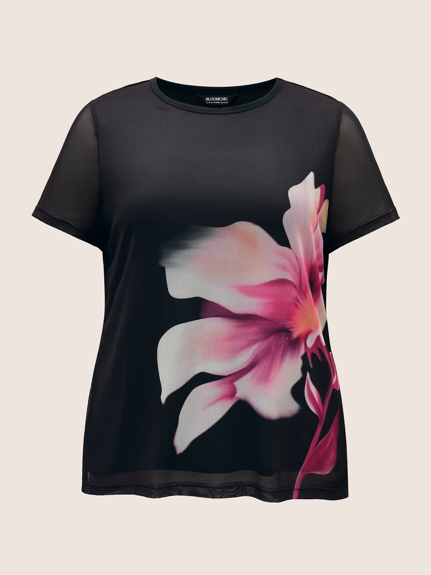 Round Neck Lily Print Patchwork Mesh T-shirt