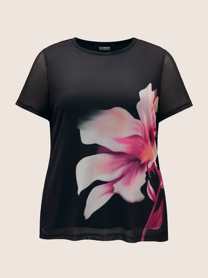 Round Neck Lily Print Patchwork Mesh T-shirt
