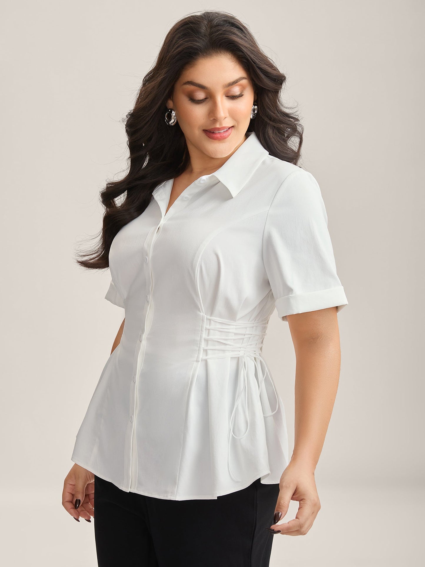 Adjustable Waist Button Placket Solid Blouse