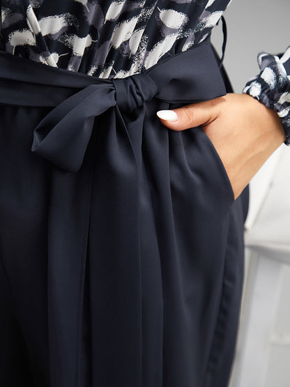 Brush Print Patchwork Wrap Belted Jumpsuit
