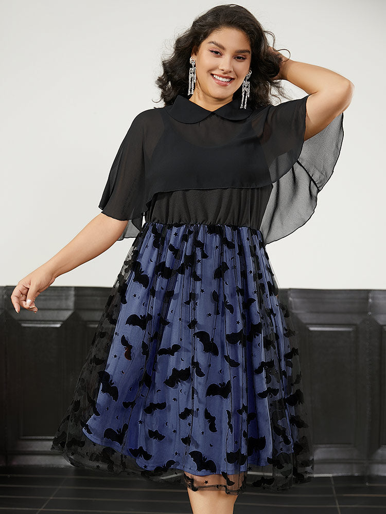 Halloween Bat print Tiered Patchwork Dress