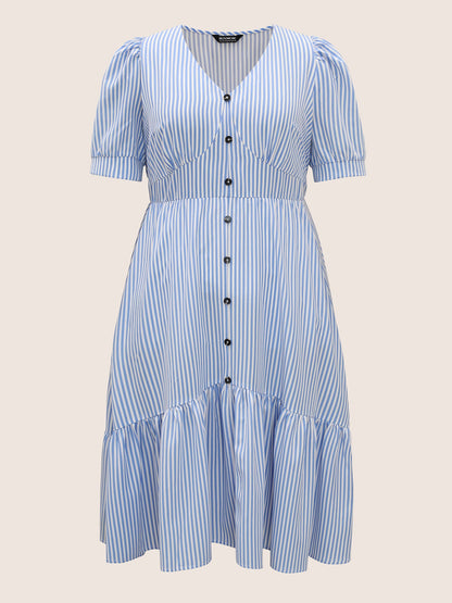 Striped Puff Sleeve Button Detail Midi Dress