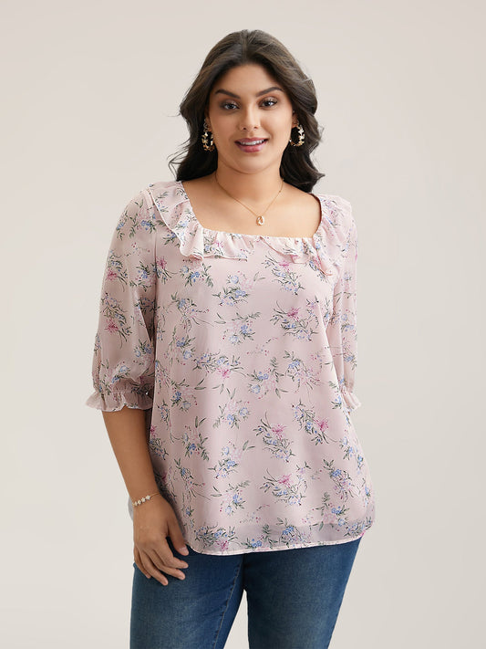 Chiffon Printed Ruffled Shirt