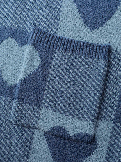 Checkered Hearts Jacquard Pockets Knit Cardigan