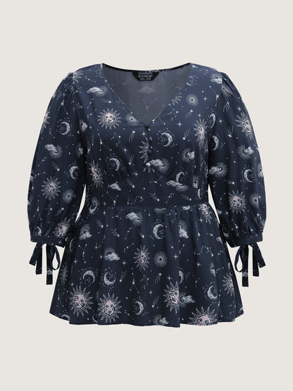 Star and Moon Print Sleeve Tie Blouse