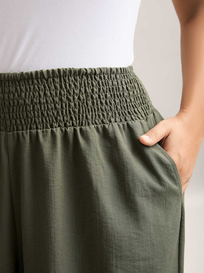 Shirred Waist Wide-Leg Solid Pants