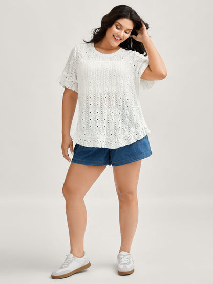 Floral Eyelet Trim Ruffled Hem Top
