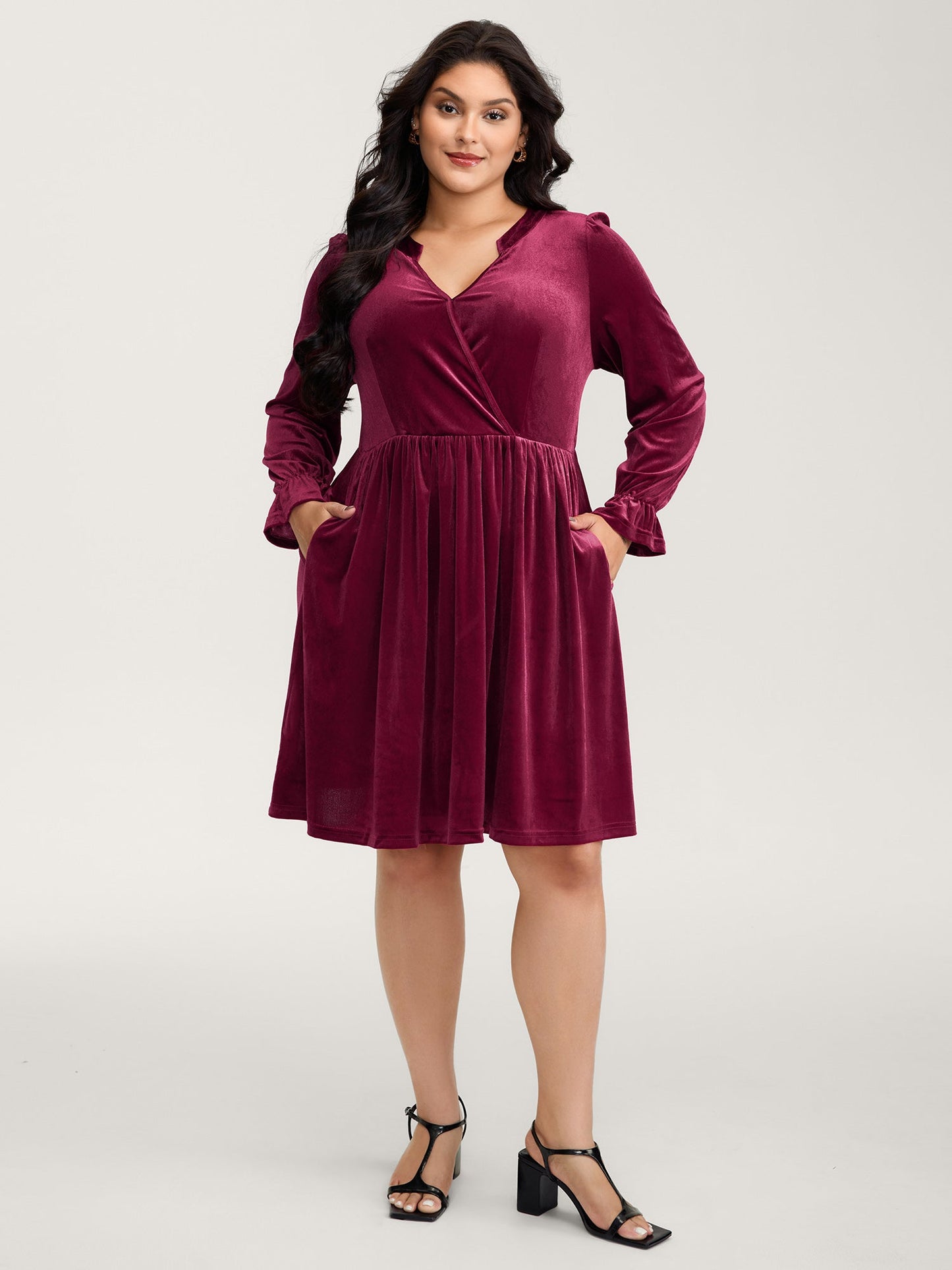 Velvet Pockets Wrap Neck Midi Dress