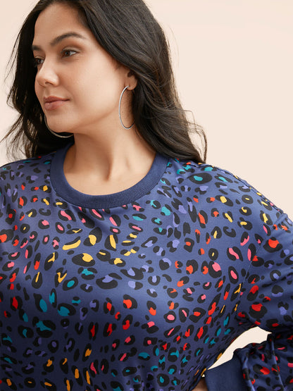 Round Neck Color Leopard Print Sweatshirt