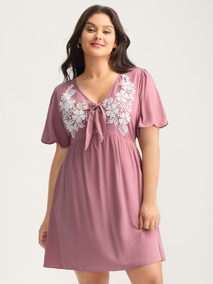 Rayon Bodice Embroidered Patchwork Knot Midi Dress