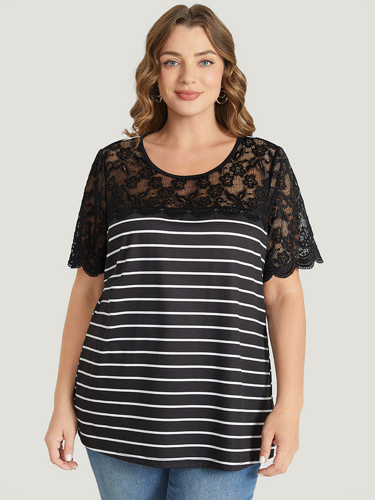 Striped Patchwork Lace Scalloped Trim T-shirt