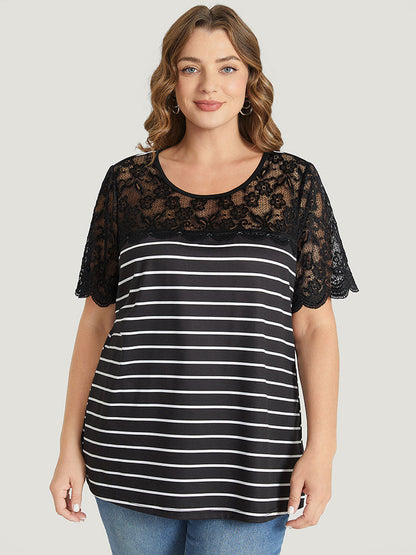 Striped Patchwork Lace Scalloped Trim T-shirt