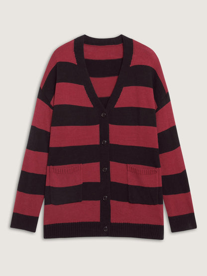 Colorblock Pockets Button Straight-Front Cardigan