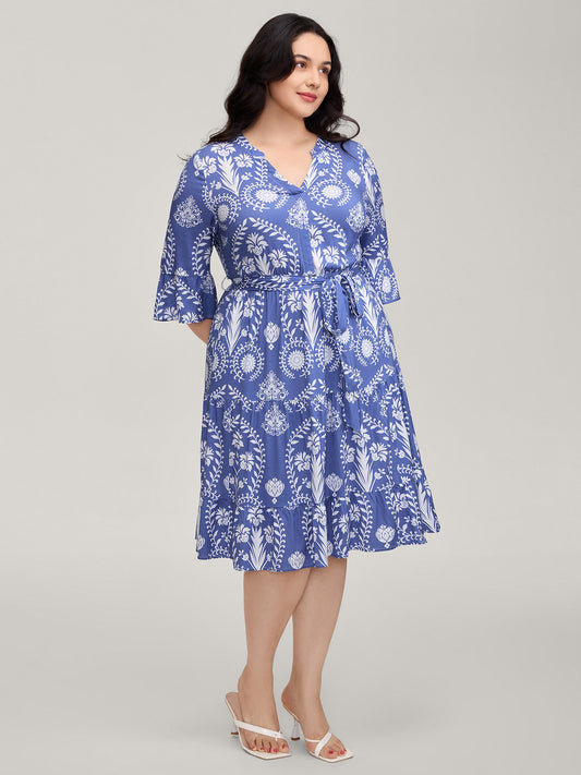 Boho Print Belted Side Pockets Midi Dress
