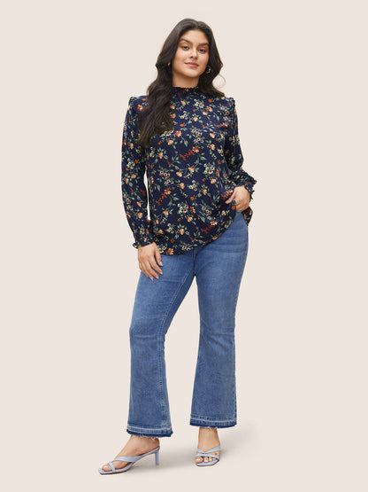 Floral Lantern Sleeve Shirred Mock Neck Blouse