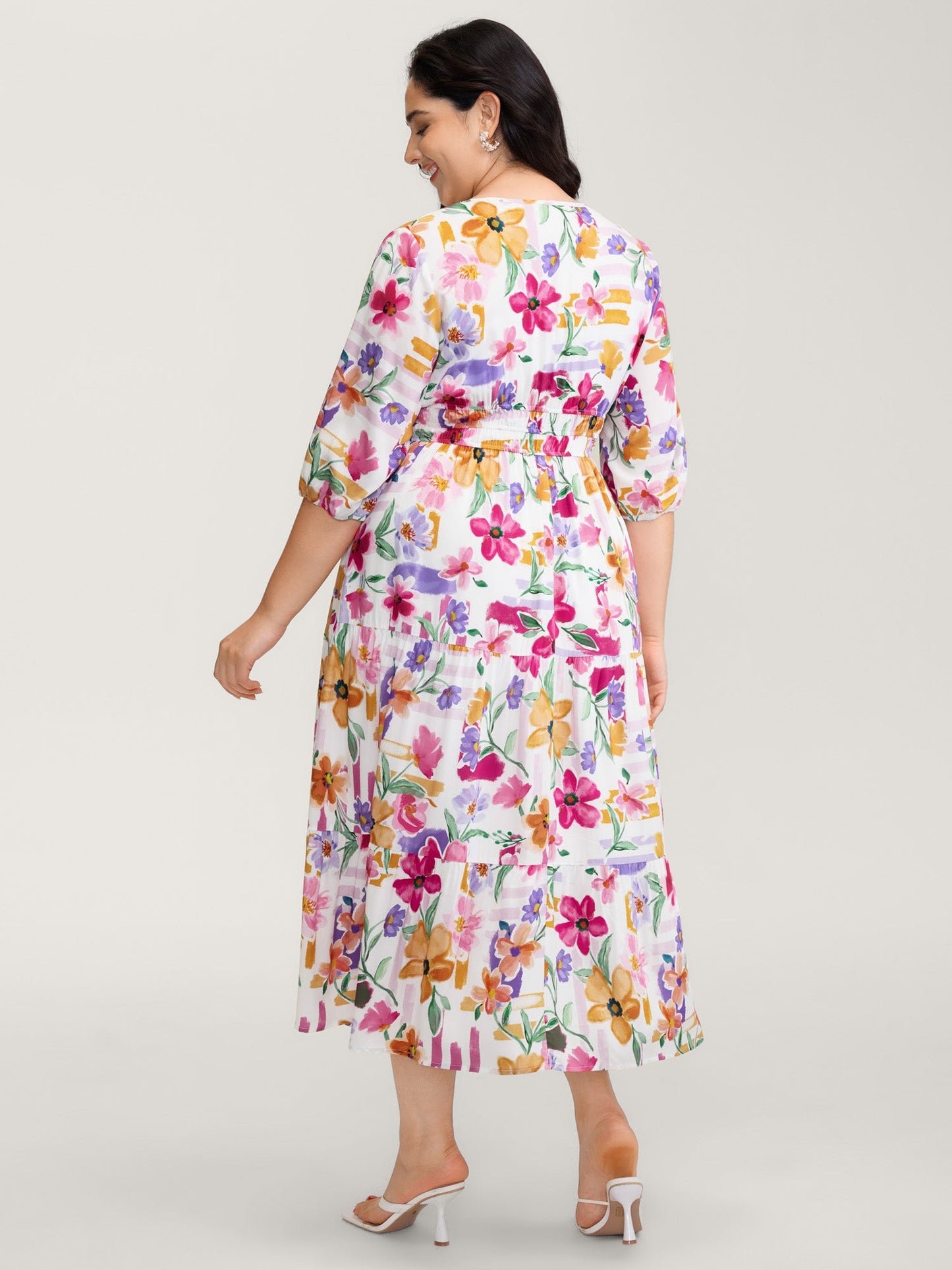 Bright Floral Print Pleated Waist Maxi Dress