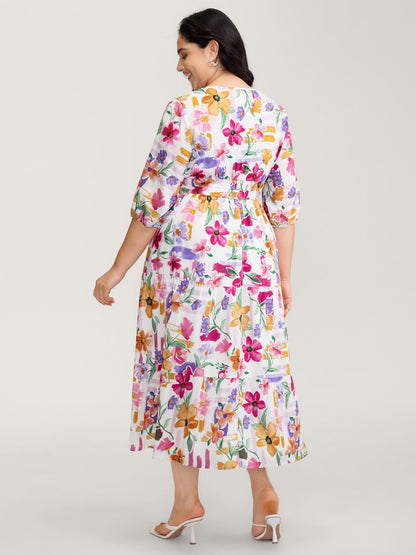 Bright Floral Print Pleated Waist Maxi Dress