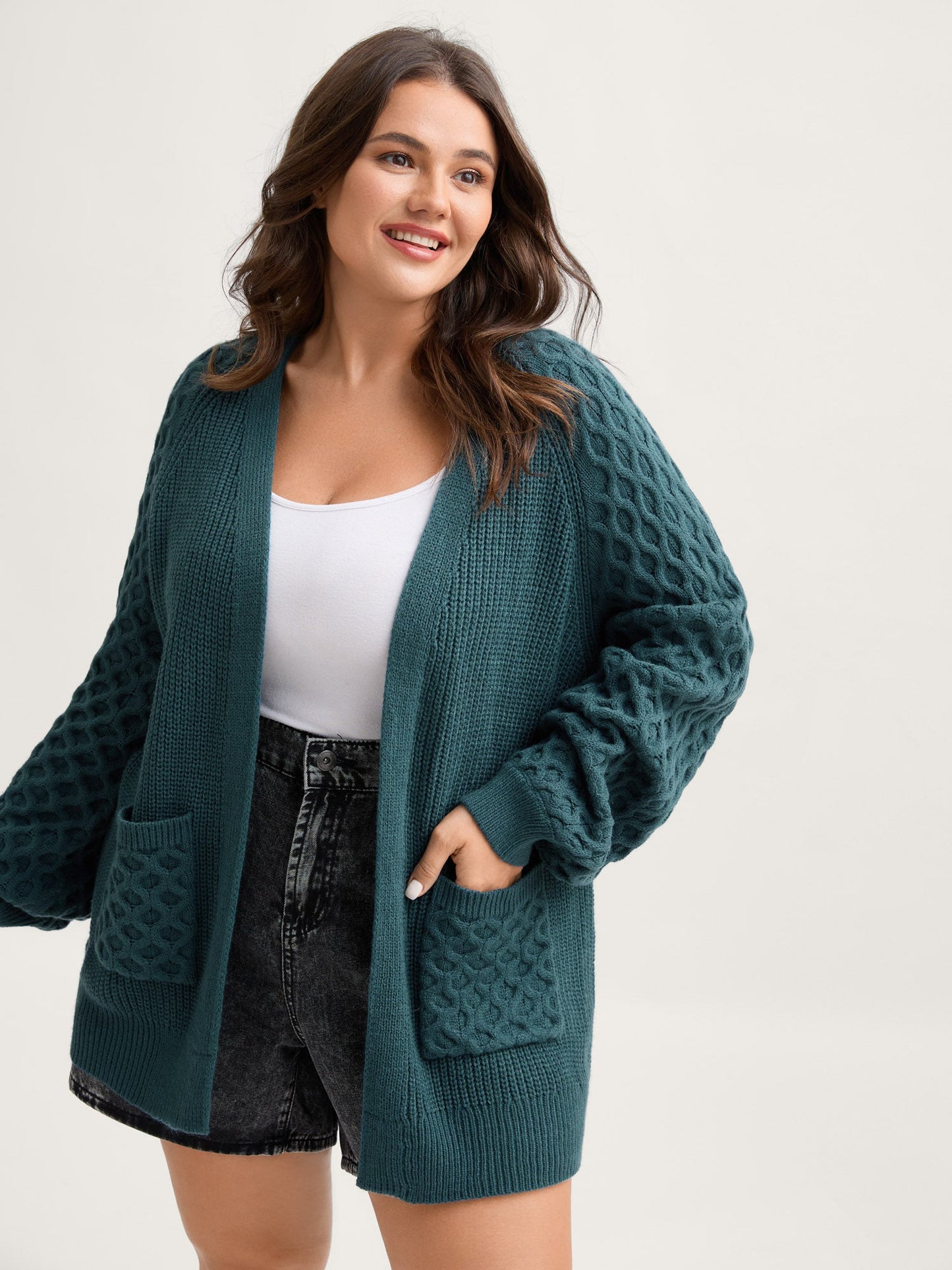 Textured Balloon Sleeve Pockets Knit Cardigan