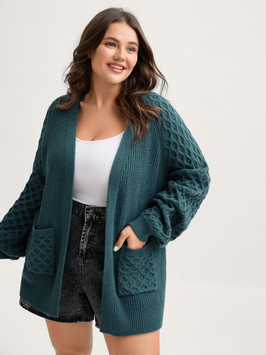 Textured Balloon Sleeve Pockets Knit Cardigan
