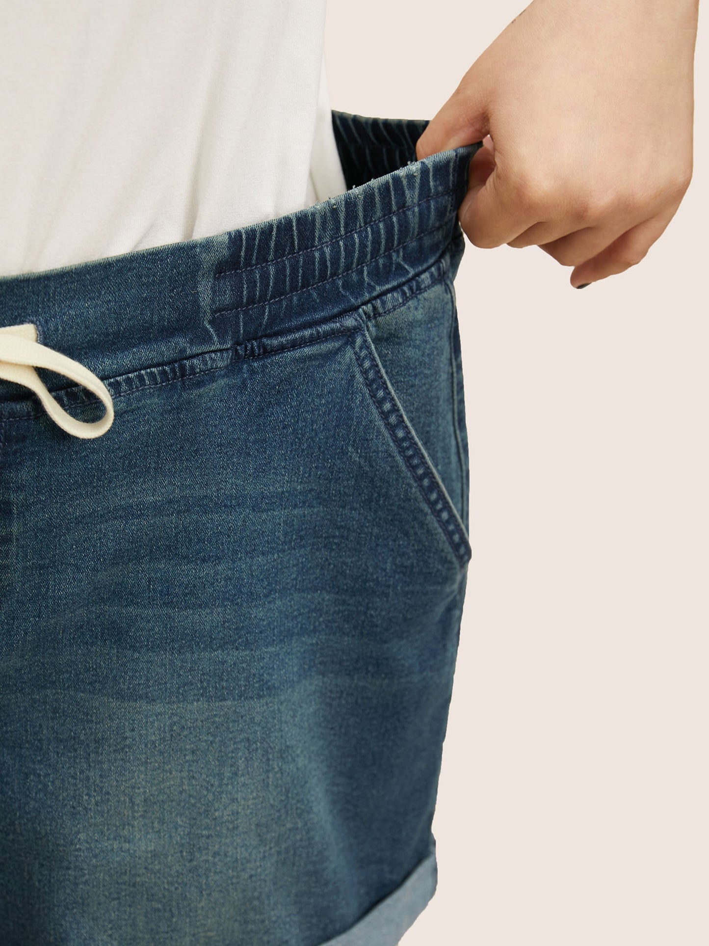 Dark Wash Roll Hem Drawstring Denim Shorts