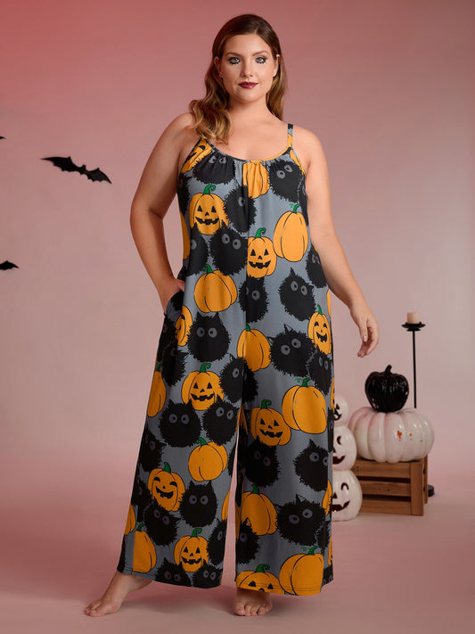 Pumpkin Everywhere Print Wide-Leg Jumpsuit