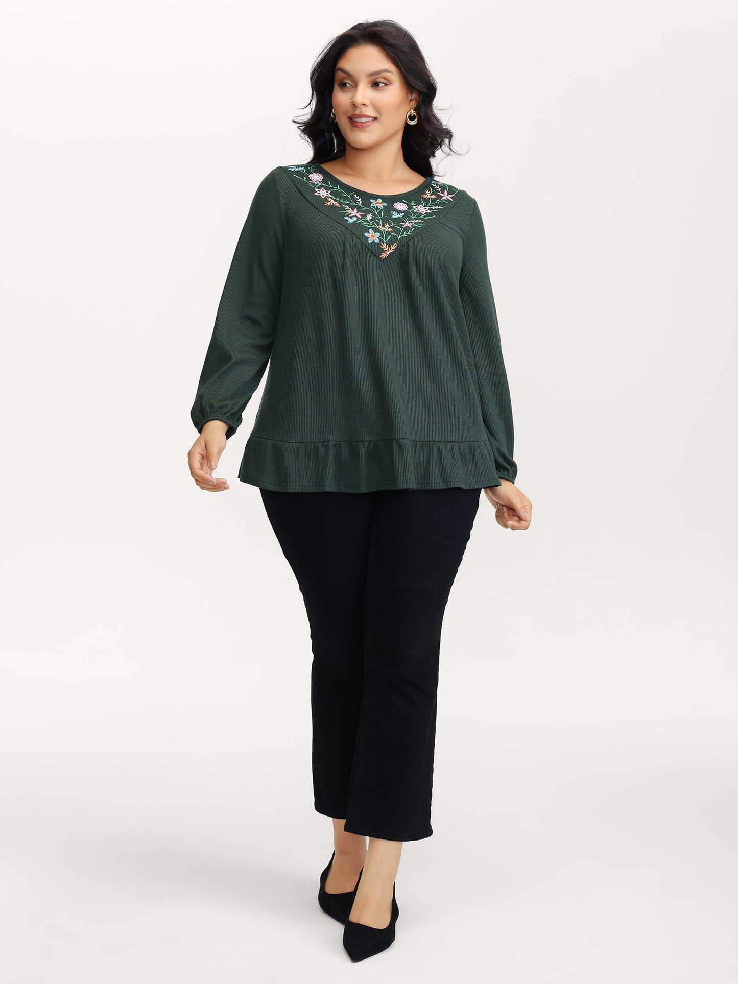 Embroidered Waffle Ruffled Hem Knit Top