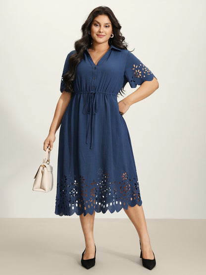 Laser Cut Scalloped Hem Waist-Tie Midi Dress
