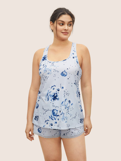 Floral Print Lace Patchwork Pajama Sets