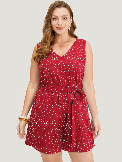 Polka Dot V Neck Pocket Sleeveless Belted Romper