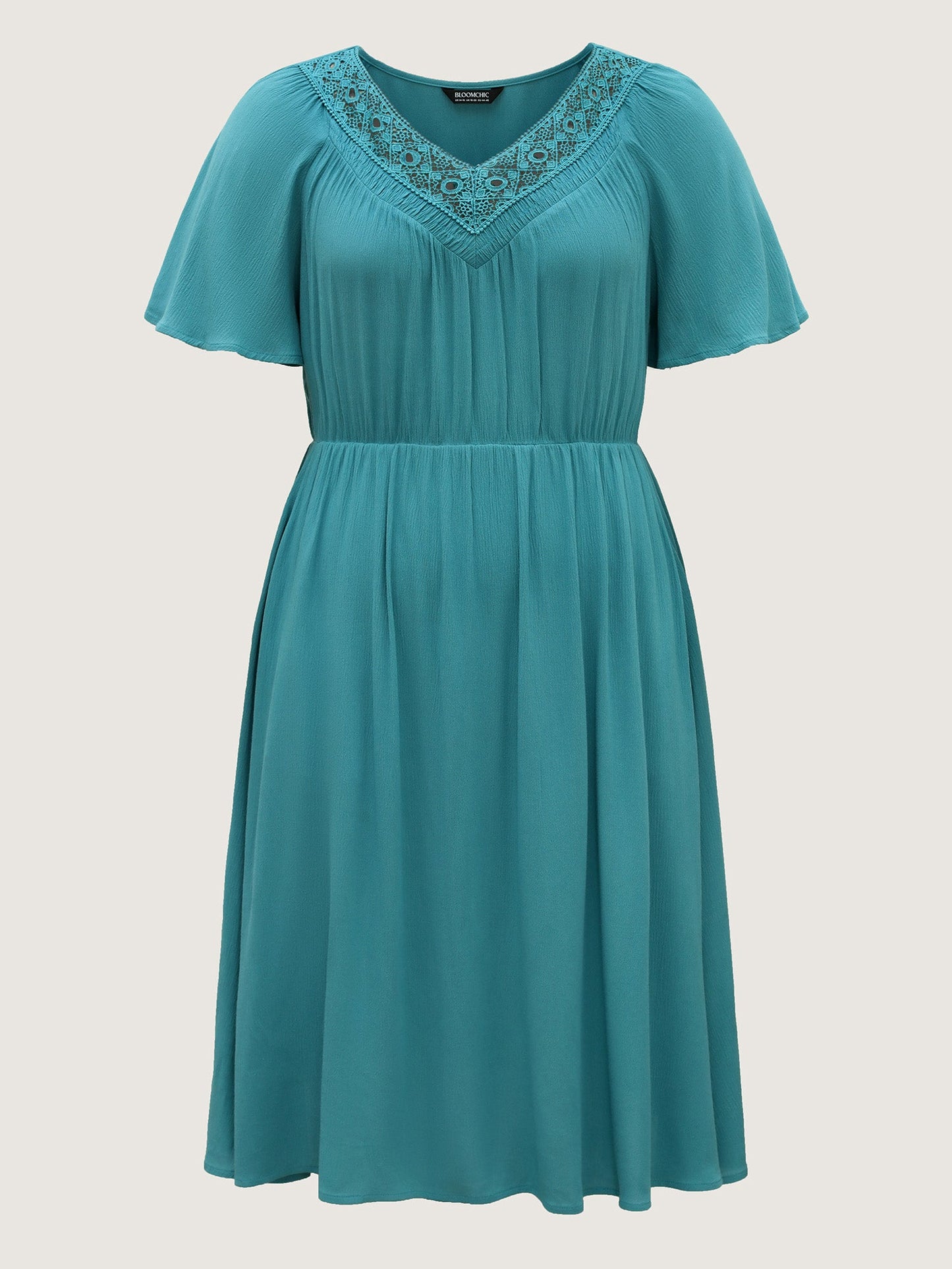 Lace Neck Flared Sleeve Midi Dress