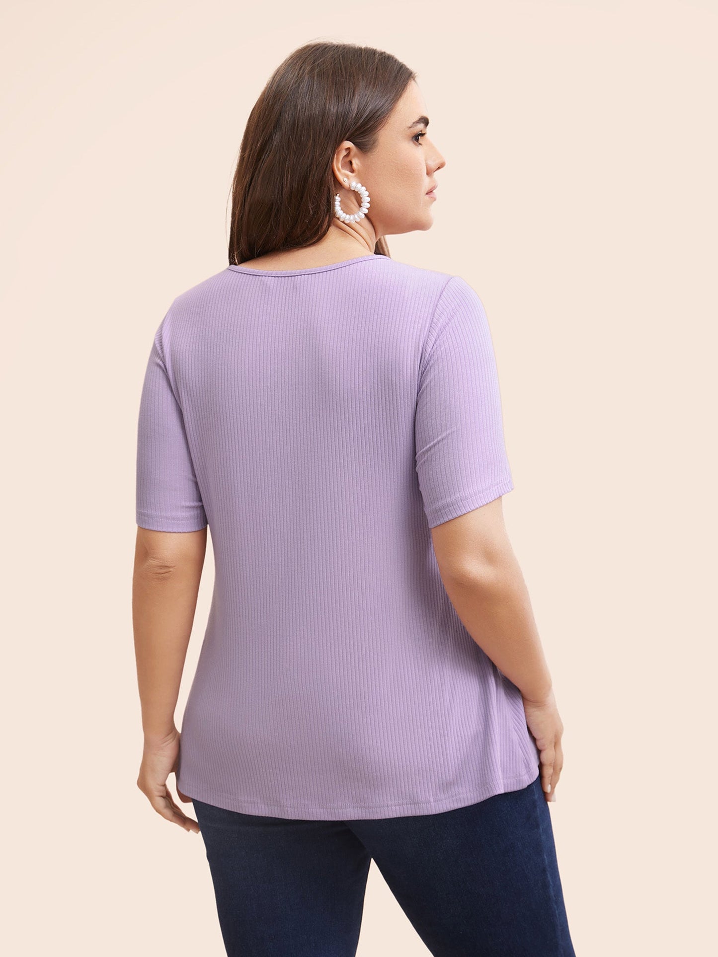 Plain Textured Rib Knit Twist Front T-shirt