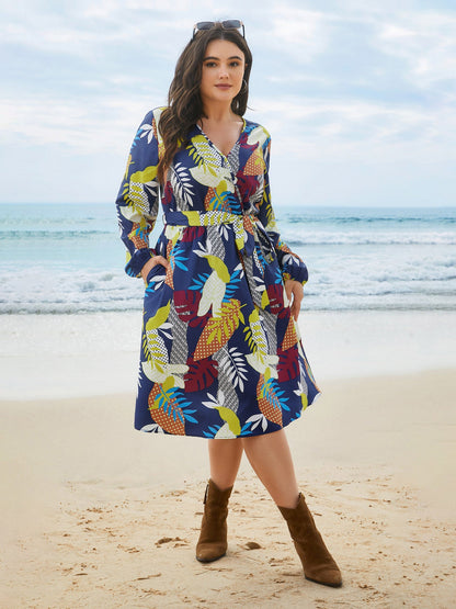 Surplice Neck Tropical Leaf Pockets Midi Dress
