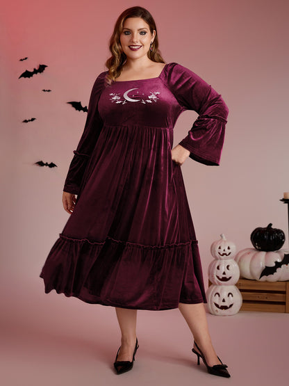 Mystical Moon Embroidery Velvet Midi Dress