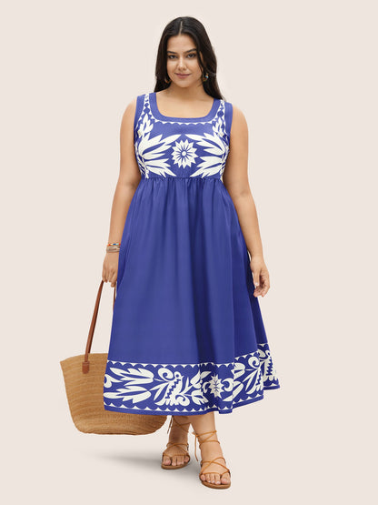 Boho Print Square Neck Elastic Waist Tank Dress