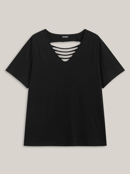 Stretchy Back Cut-Out V-Neck T-Shirt