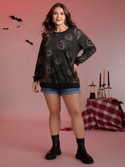 Spooky Skull Print Ribbed Hem Sweatshirt