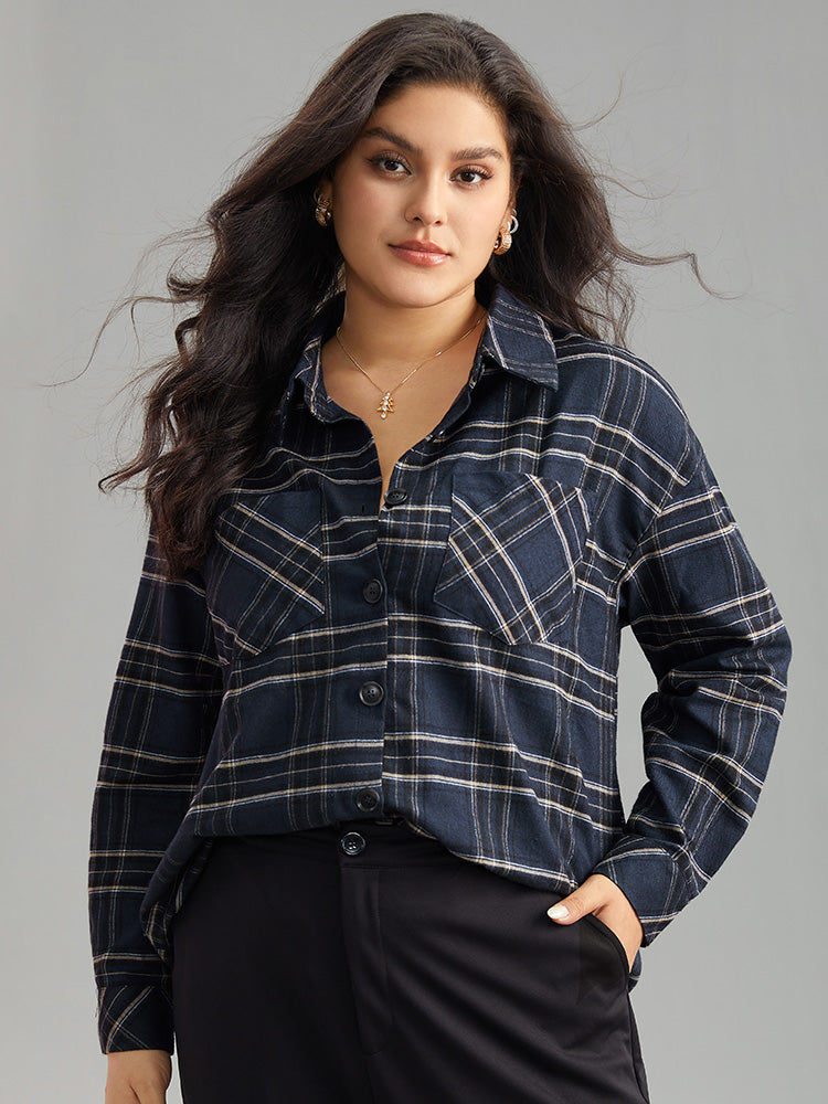 Plaid Shirt Collar Button Through Pocket Blouse