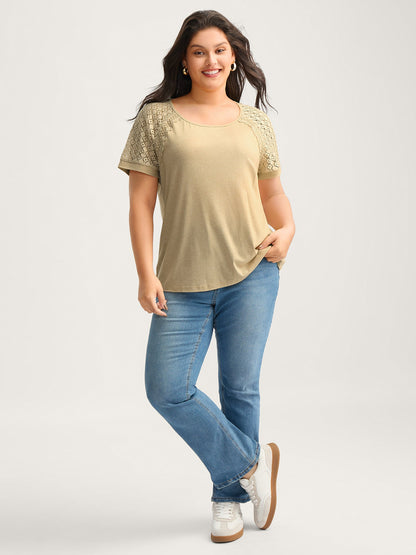 Sheer Lace Sleeve Spliced Solid T-Shirt