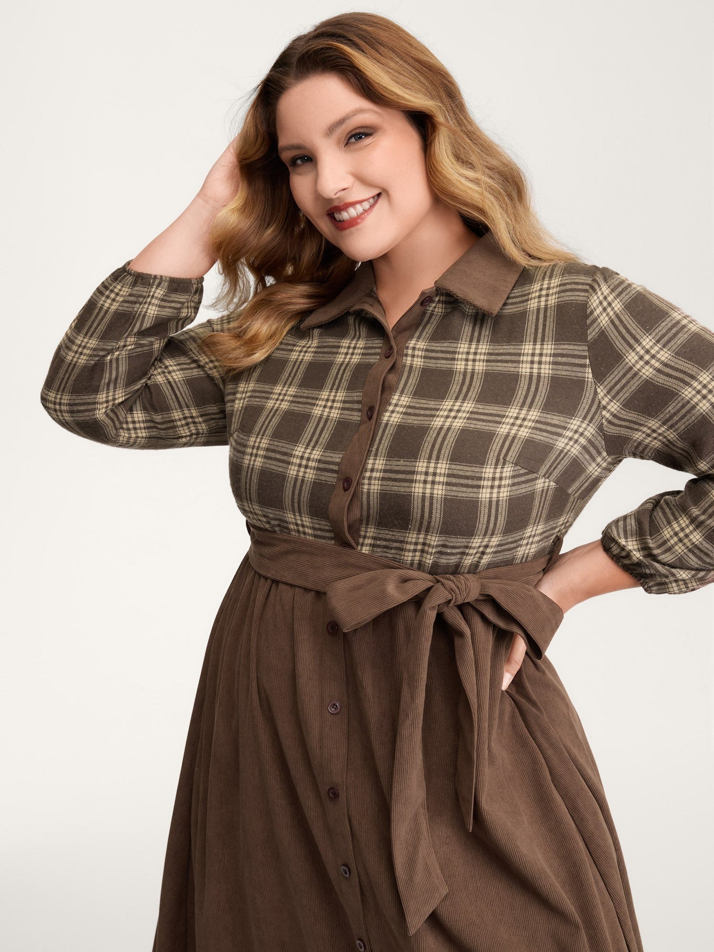 Plaid Pattern Contrast Waist-Tie Midi Dress