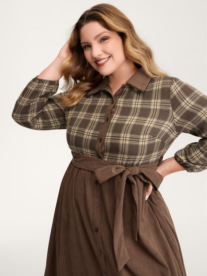 Plaid Pattern Contrast Waist-Tie Midi Dress