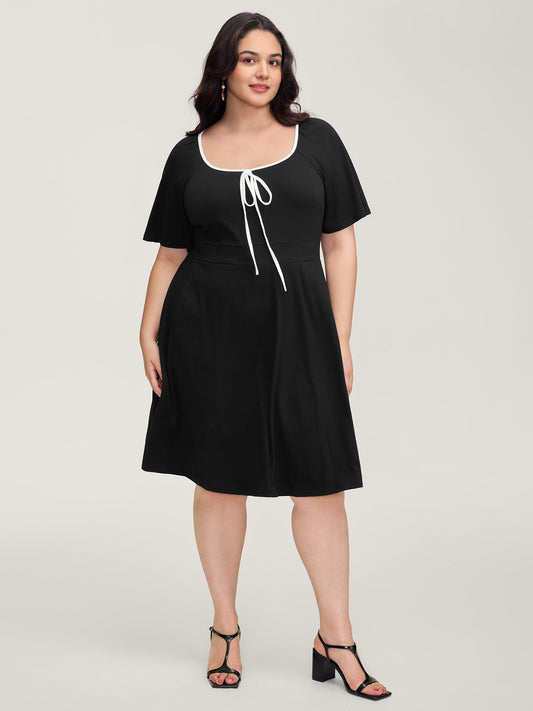 Neck Bow-Tie Contrast Pockets Midi Dress