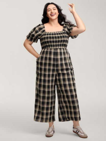 Classic Plaid Print Shirred Bodice Jumpsuit