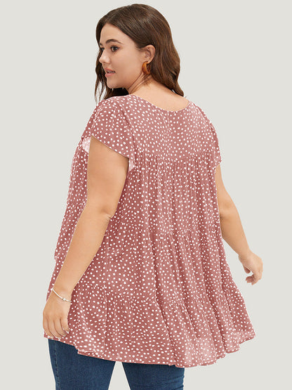 Allover Print Cap Sleeve Ruffle Hem Gathered Blouse