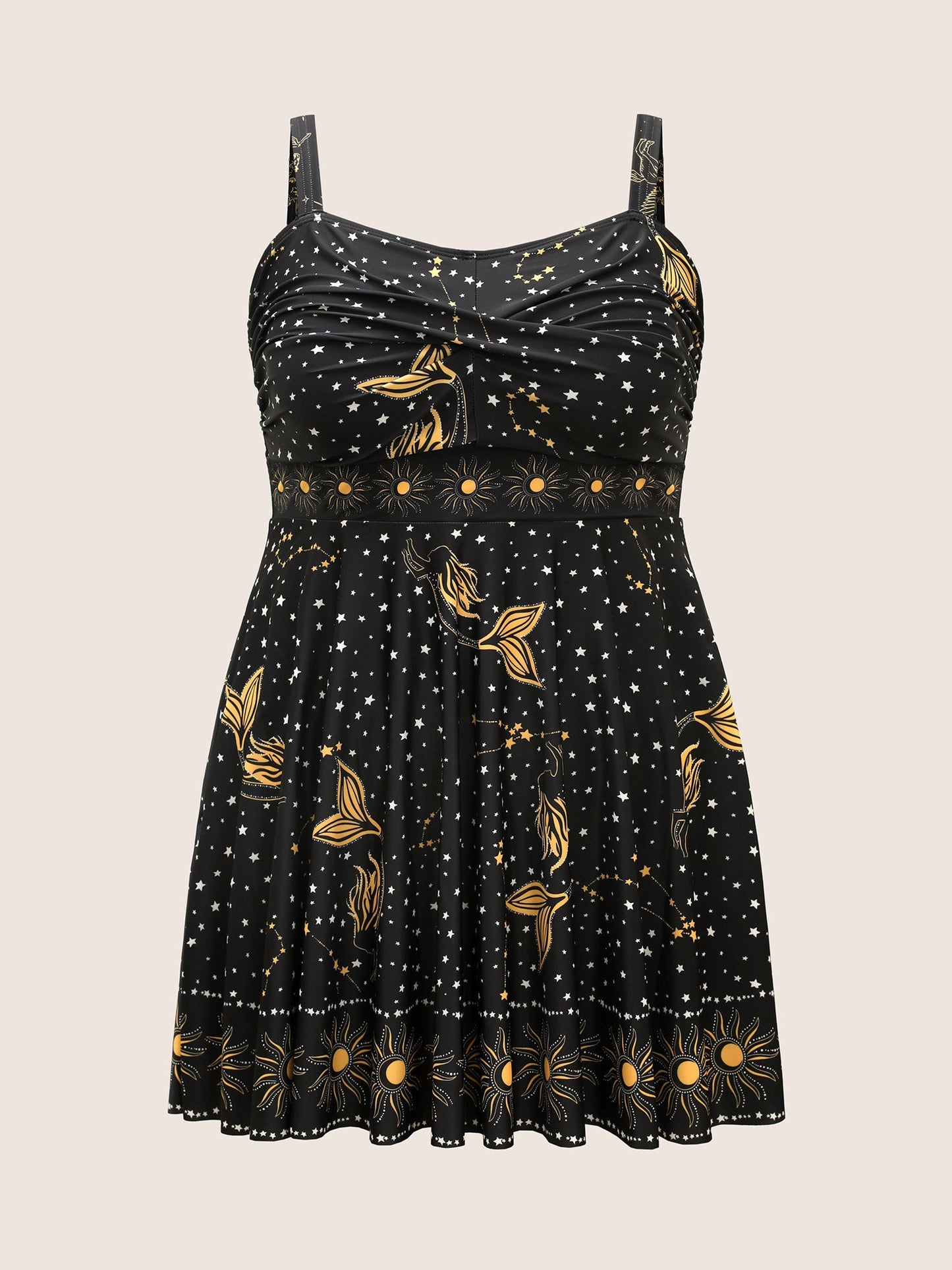 Star & Sun Print Heart Neckline Crossover Swim Dress