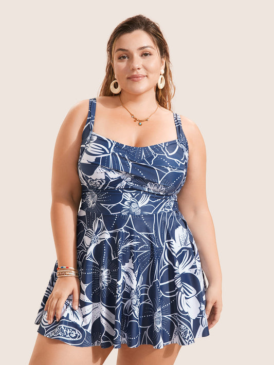 Natural Flowers Heart Neckline Twist Swim Dress