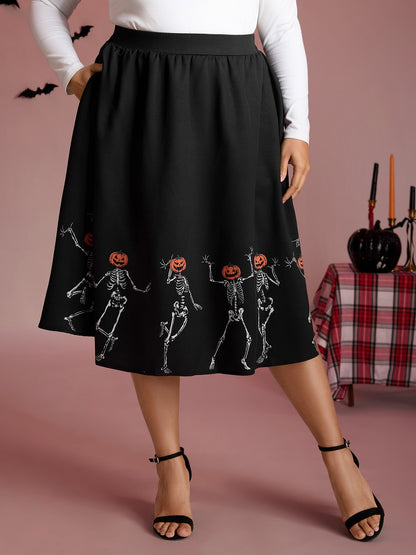 Pumpkin Head Skeleton Print Flared Midi Dress