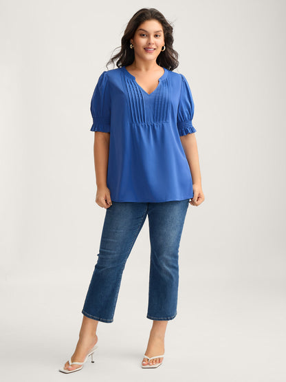 Shirred Cuffs Pintuck Pleats Solid Blouse