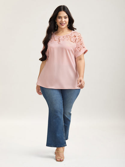 Sheer Lace Neck Half Sleeve Shirt