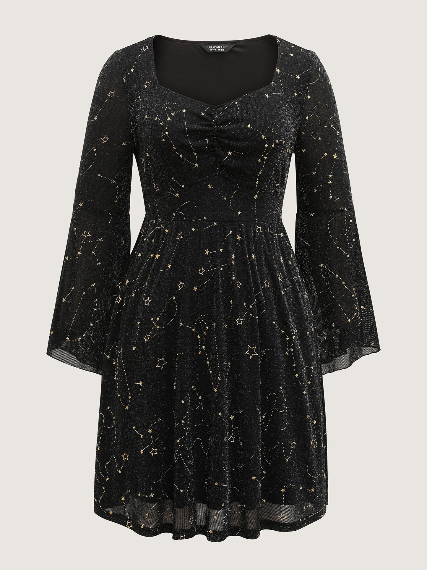 Starry Silk Mesh Flared Sleeve Midi Dress